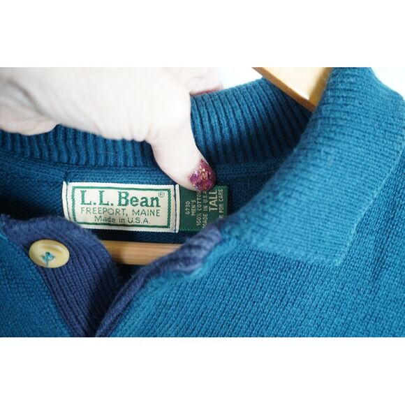 L.L. Bean Men's Large Tall Collared 100% Cotton Sweater Deep Turquoise and Navy - Picture 4 of 7